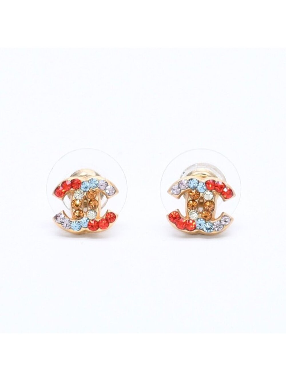 Chanel Earrings CC Logo Rhinestone Gold Multicolor 03